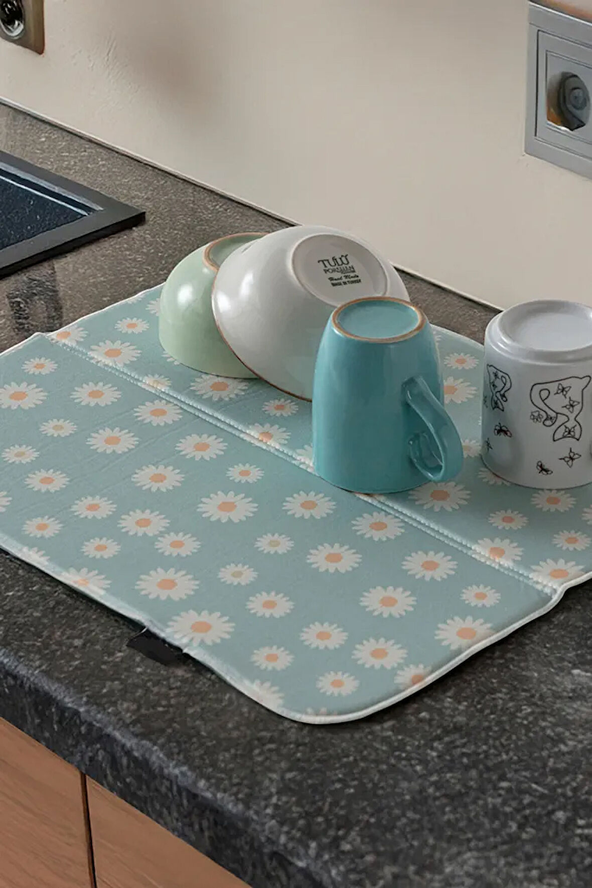 Bulaşık Kurutma Örtüsü, Bulaşıklık, Tezgah Üstü Bulaşık Matı, Süper Emici Mutfak Matı, Papatya Desen
