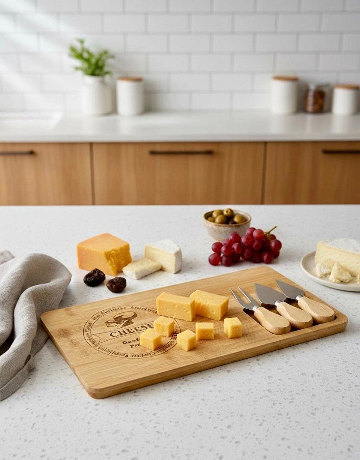 Berina Home Bambu 3 Bıçaklı Peynir Sunum Tahtası - En Büyük Boy - Et Sunumluk - Kahvaltı Sunumluğu