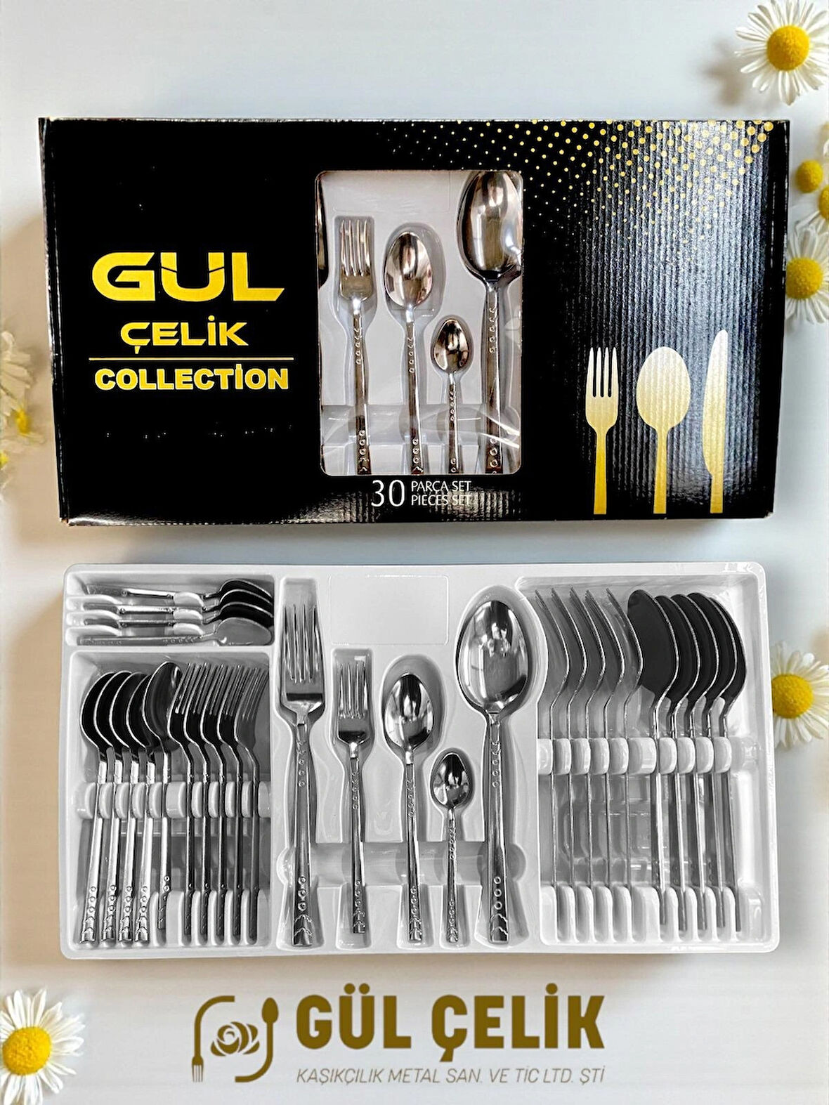 30 Parça 6 Kişilik Çatal Kaşık Seti Boncuk Model Kutulu 18/0 Kalite