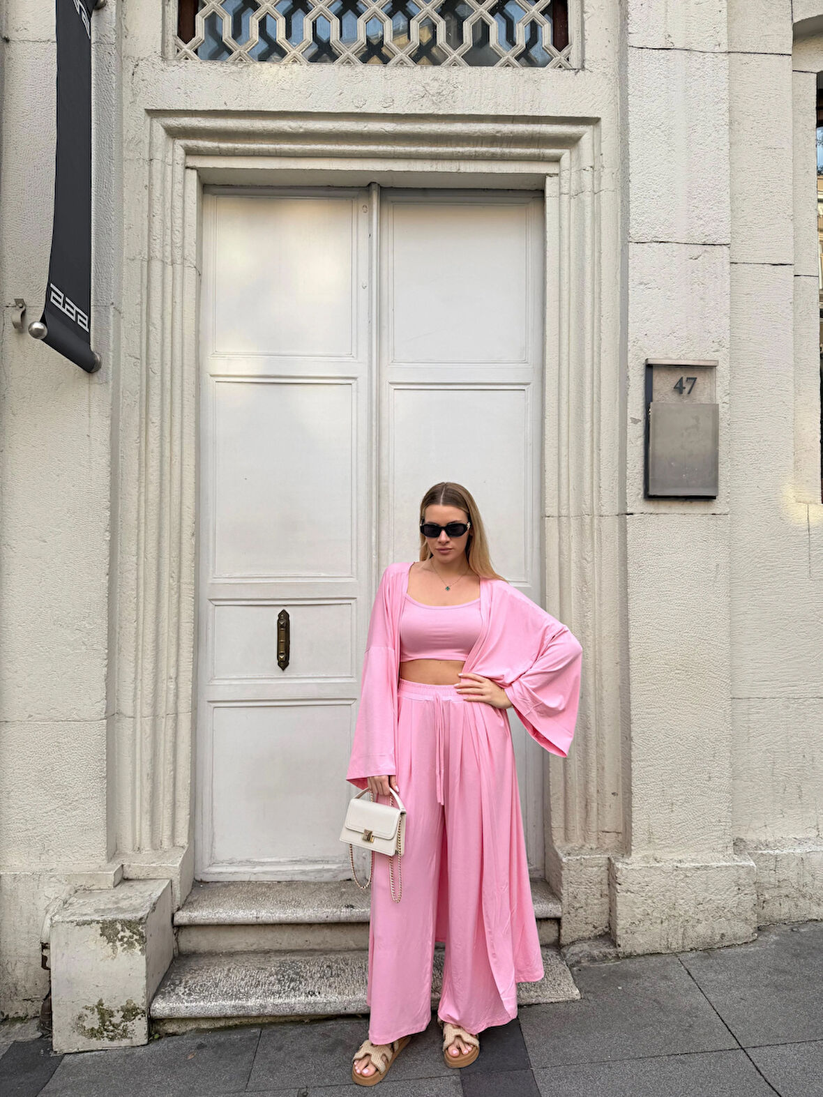 Kadın Viskon 3’lü Takım – Kimono + Beli Lastikli Salaş Pantolon + Crop – 8 Renk