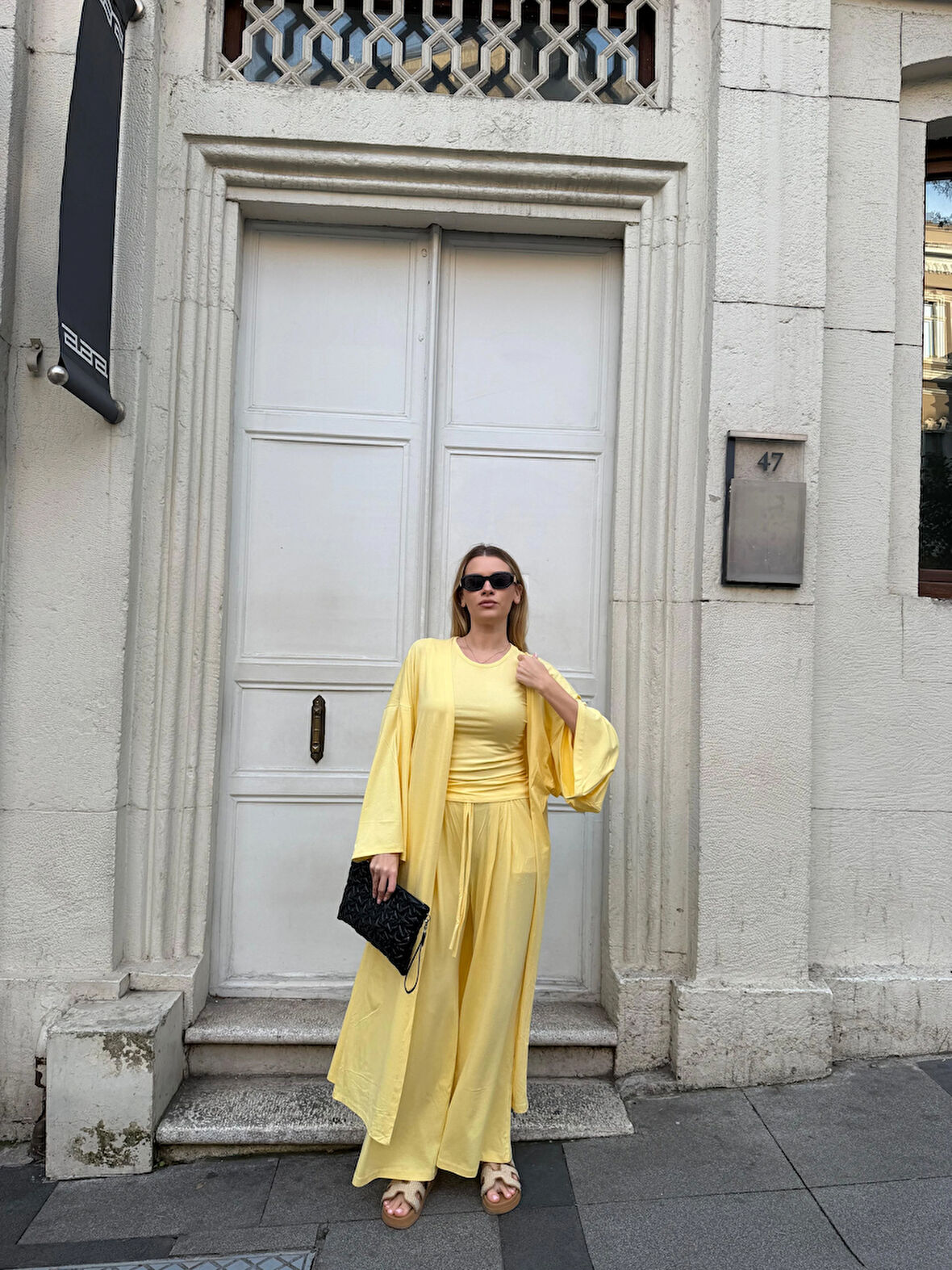 Kadın Viskon 3’lü Takım – Kimono + Beli Lastikli Salaş Pantolon + Sıfır Kol (Kolsuz) – 8 Renk