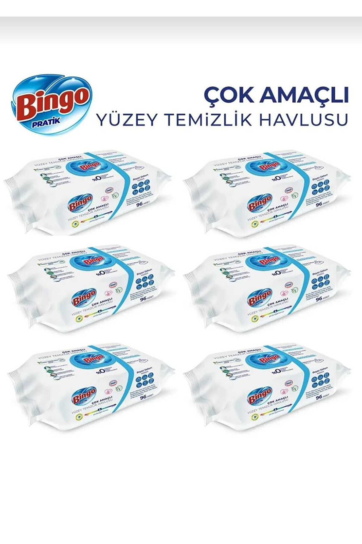 Bingo Beyaz Sabun Katkılı Yüzey Temizlik Havlusu her paket 96 Yaprak toplam 6 paket