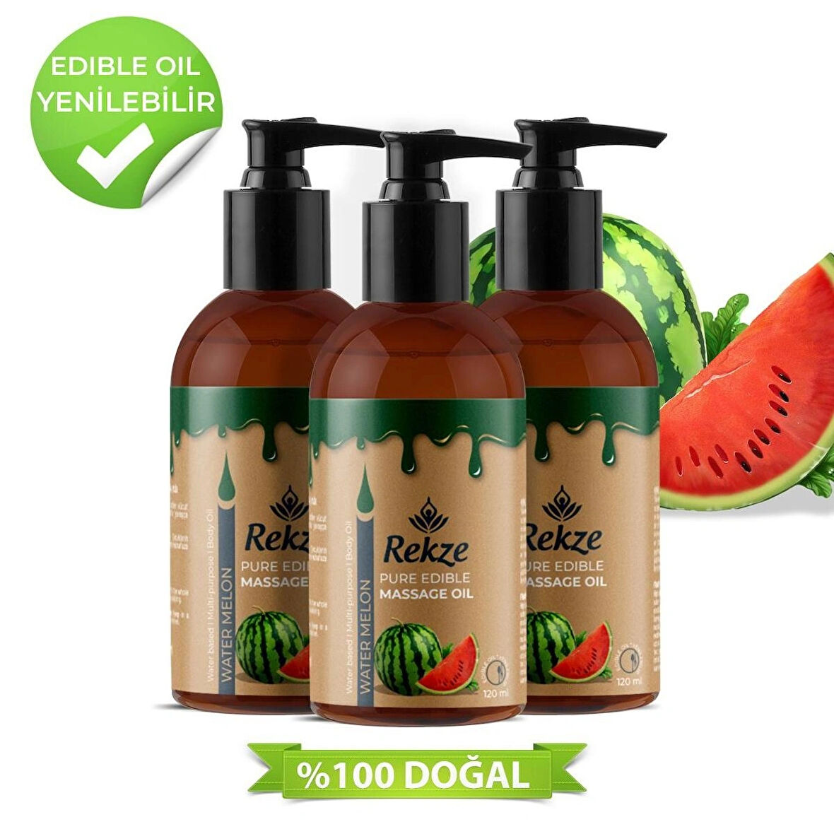 Rekze Doğal 3 Adet Karpuz Özlü Duyusal Ve Aromaterapi Yenilir Masaj Yağı 120 Ml