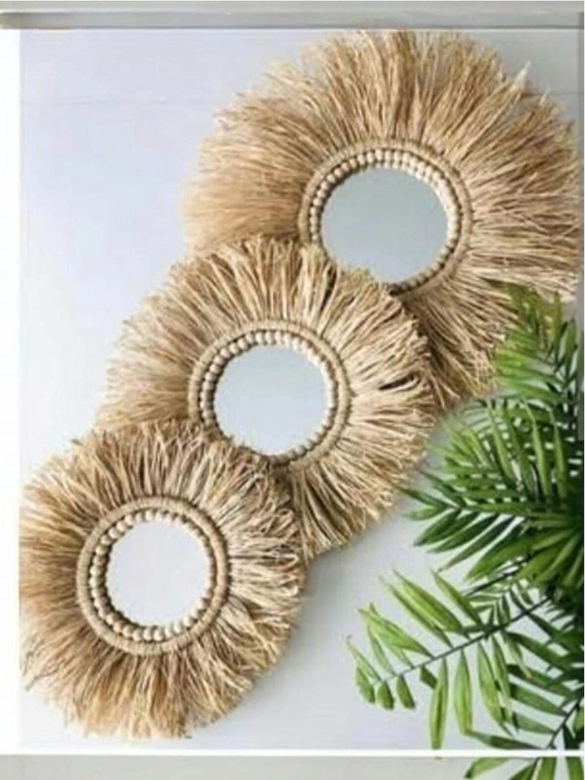 3lü Aynalı Boncuklu Rafya Duvar Süsü