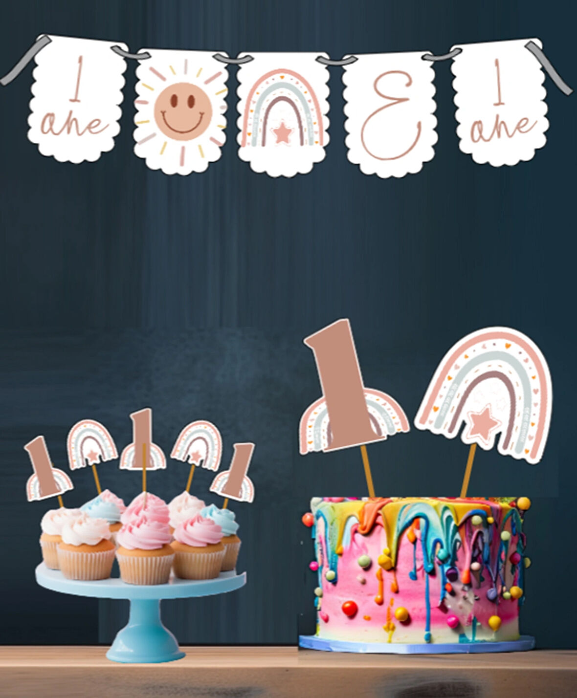 Bohem Gökkuşağı Temalı 3 Lü Set One 1 Yaş Doğum Günü Süsü Banner + Pasta Süsü + Cupcake Kürdani