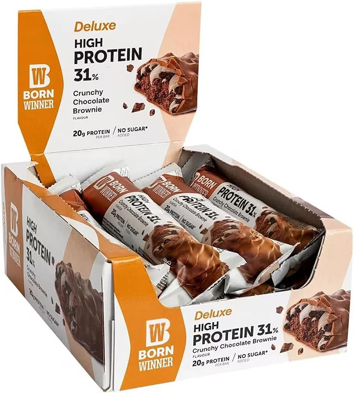 BORN WINNER Deluxe Protein Bar Box / 12 x 64 g CRUNCHY CHOCO BROWNIE HIGH PROTEIN CONTENT NO SUGAR