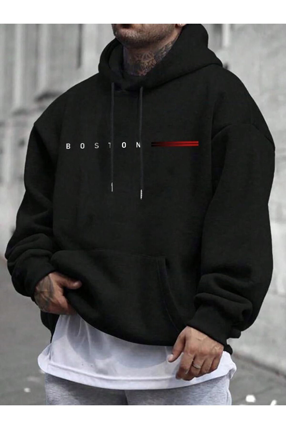 Erkek Boston Baskılı Oversize Kapşonlu Sweatshirt