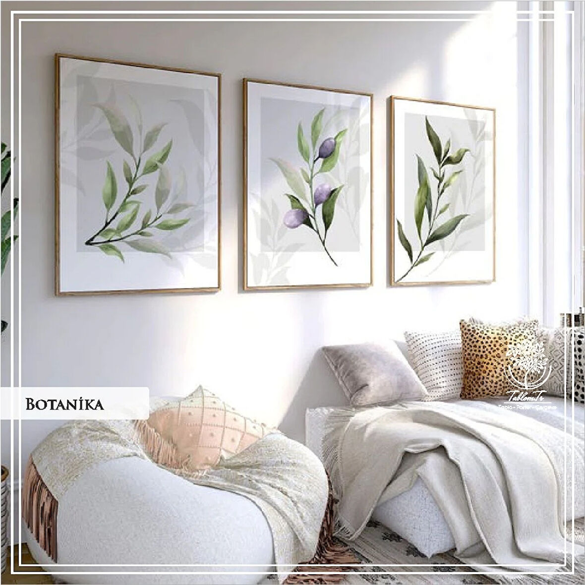 Metal Çerçeveli Camlı Botanica 3'lü Dekoratif Tablo Seti