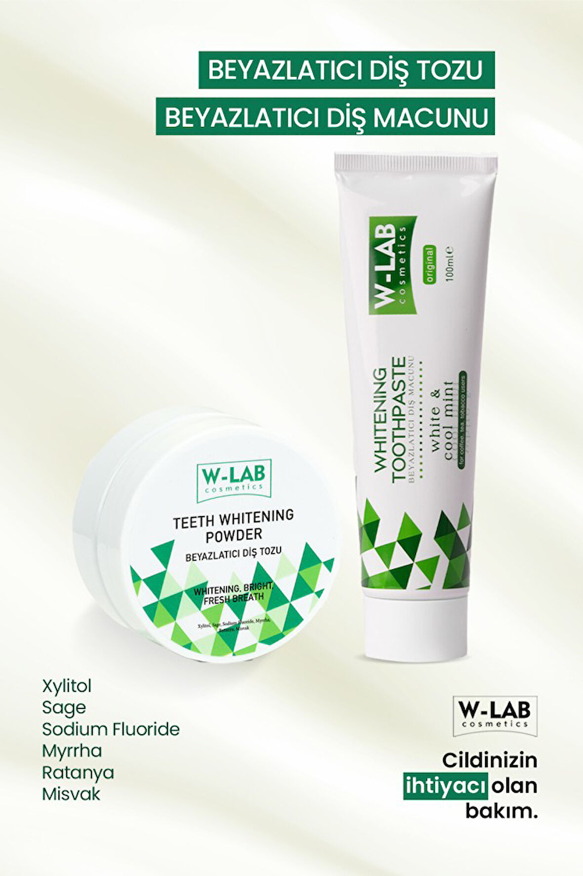 W-Lab Kozmetik Beyazlatıcı Diş Macunu 100 Ml ve W-Lab Kozmetik Beyazlatıcı Diş Tozu 75 Gr