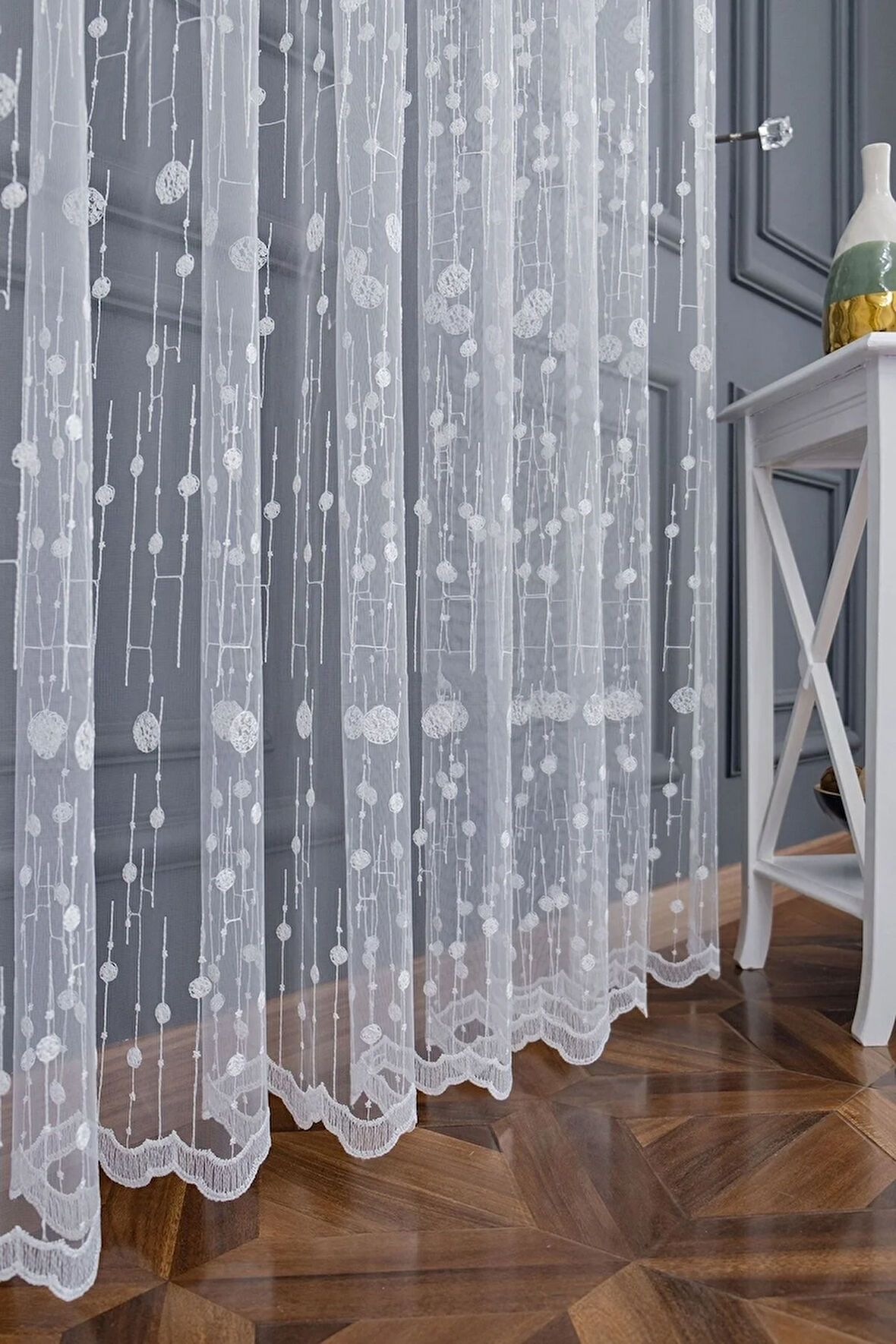 Dünya Yuvarlak Daire 1e 2 Pileli Desen Tasarım Brode Işlemeli Tül Perde