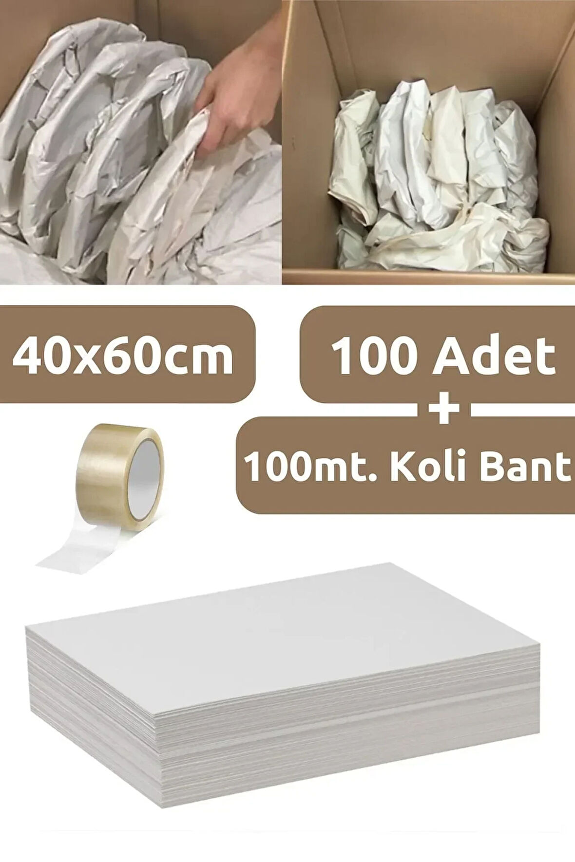 40x60 Tabak - Bardak Sarma Taşıma Taşınma Paketleme Kağıdı 100 Adet Ve 100mt. Koli Bandı