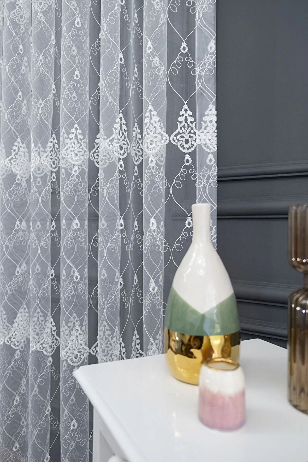 Selçuklu Damask Brode Işlemeli 1e2 Pileli Salon Oturma Odası Tül Perde