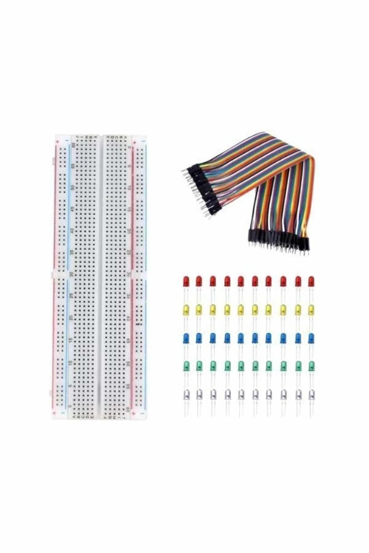 3'lü Set 830 Pin Breadboard 40 Pin Erkek-erkek Jumper Kablo 50 Adet 5mm Led ( 5 Renk )