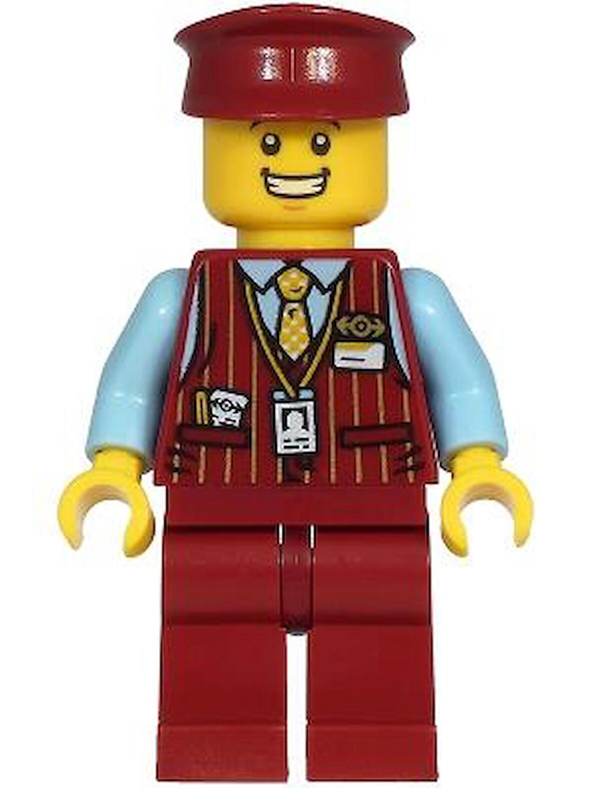 Lego Minifigür Tram Driver - Male, Dark Red Vest, Bright Light Blue Shirt, Dark Red Legs, Dark Red Hat