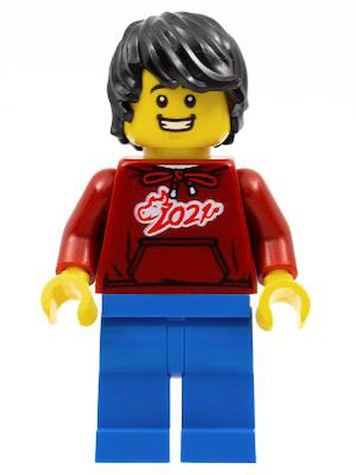 Lego Minifigür Man, Dark Red '2021' Shirt, Blue Legs, Black Hair
