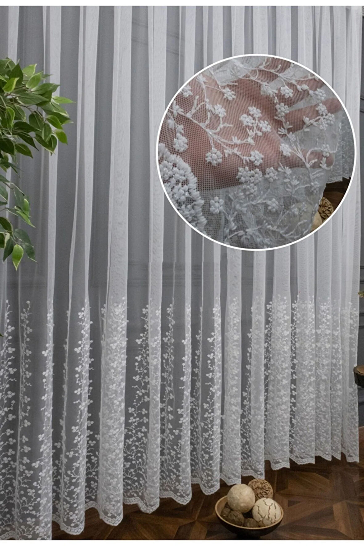 Feray Model Işlemeli Geniş Desen Tül Perde Etek Işlemeli Tül 2katpileli 00u48756