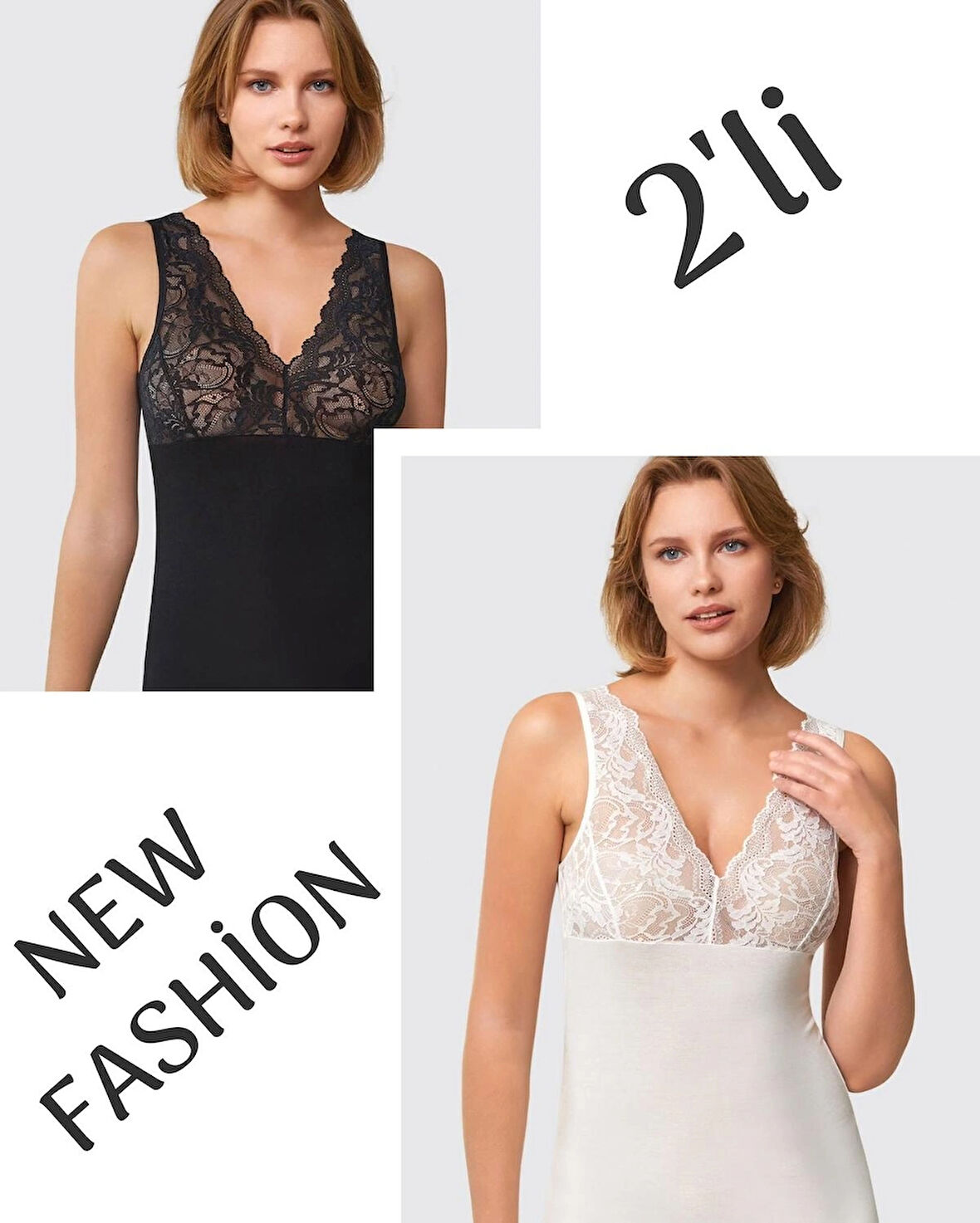 Kadın 2'li ( 1 ad. Siyah - 1  ad Beyaz ) Kalın Askılı Dantelli VİSKOZ Atlet BERRAK / 7015