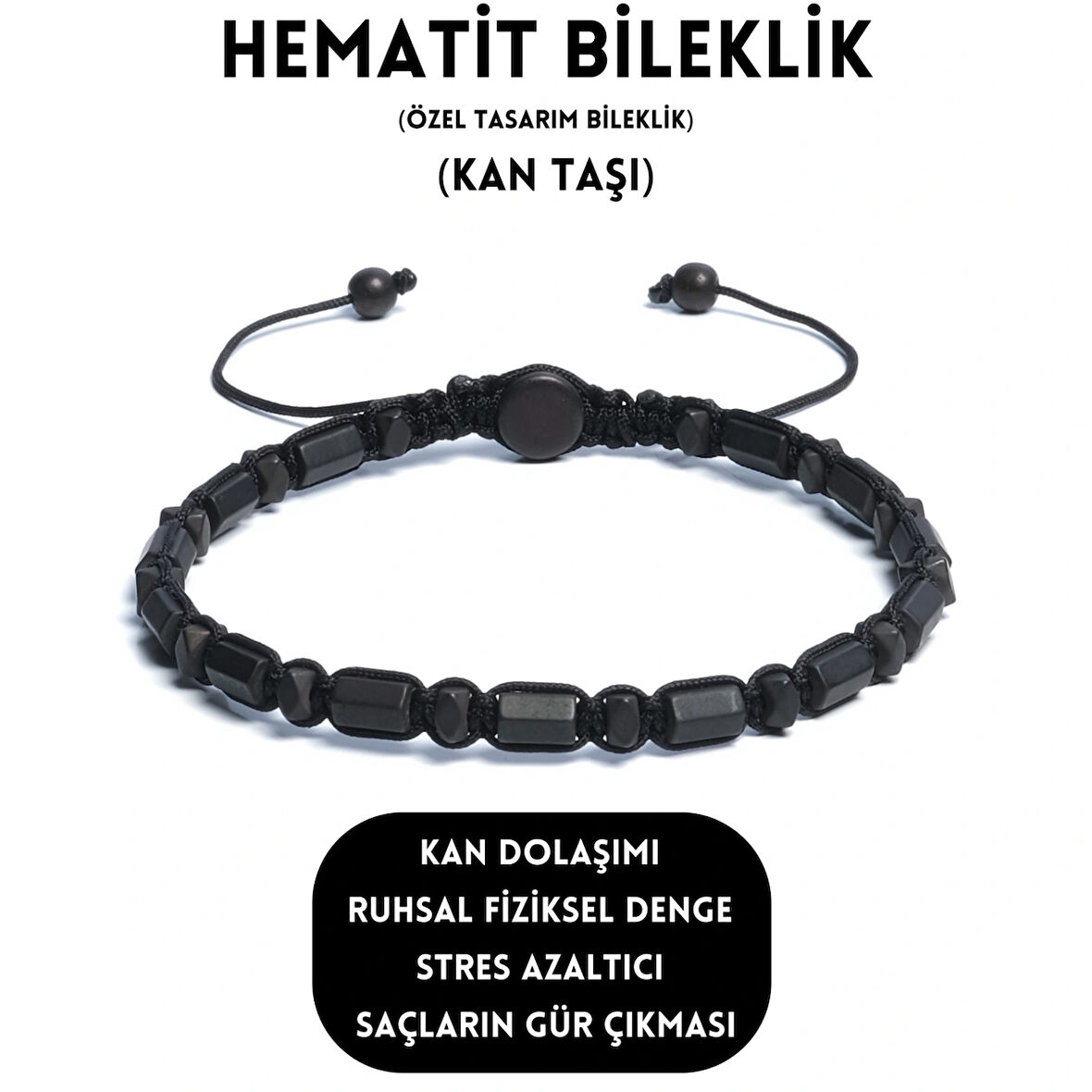 Hematit Bileklik - Bern Black Bileklik - Tasarım Bileklik Özel Kesim Ayarlanabilir
