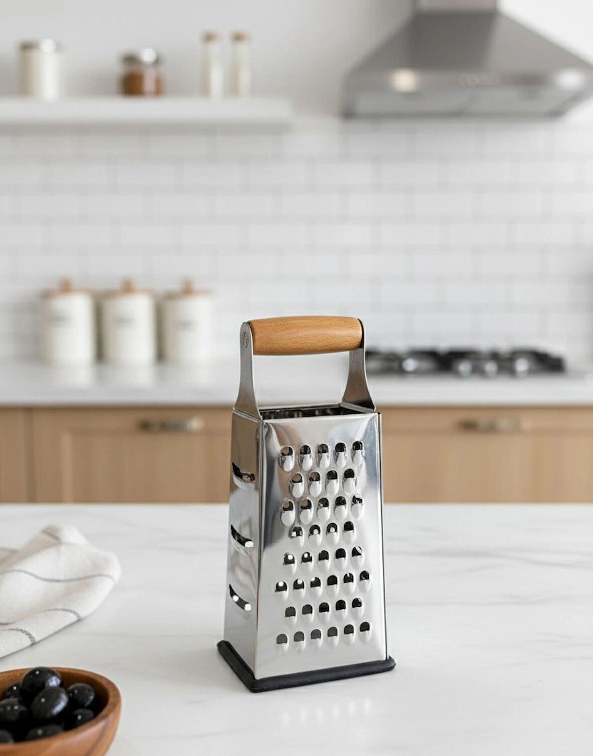 Berina Home Ahşap Saplı 4 Yönlü Metal Rende – Kaymaz Tabanlı, Çok Fonksiyonlu Mutfak Rende