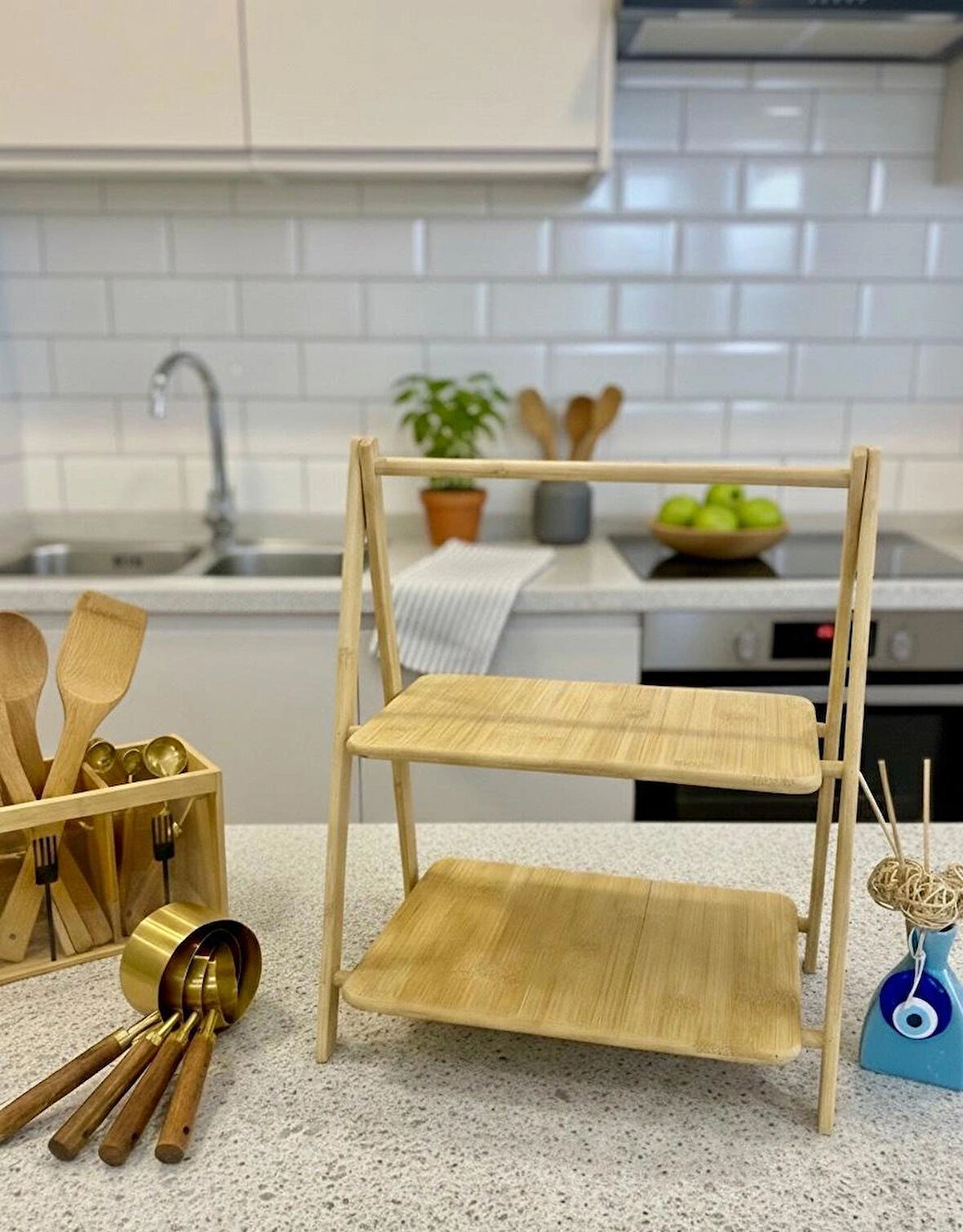 Berina Home 2 Katlı Bambu Baharatlık Standı – En Büyük Boy, Doğal Bambu Düzenleyici ve Mutfak Organizeri, Çay, Kahve Standı