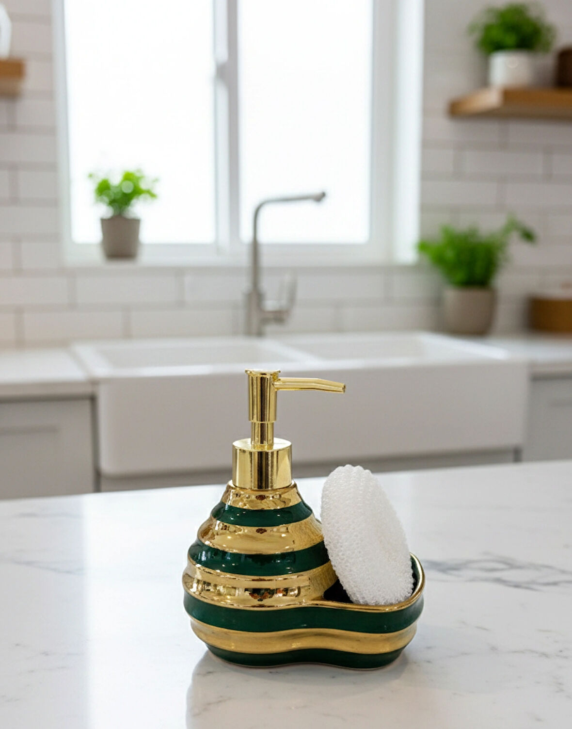 Berina Home Çok Şık Seramik Standlı Sıvı Sabunluk & Deterjanlık - Luxury - Sünger Hazneli Tezgah Üstü Banyo, Mutfak, Lavabo