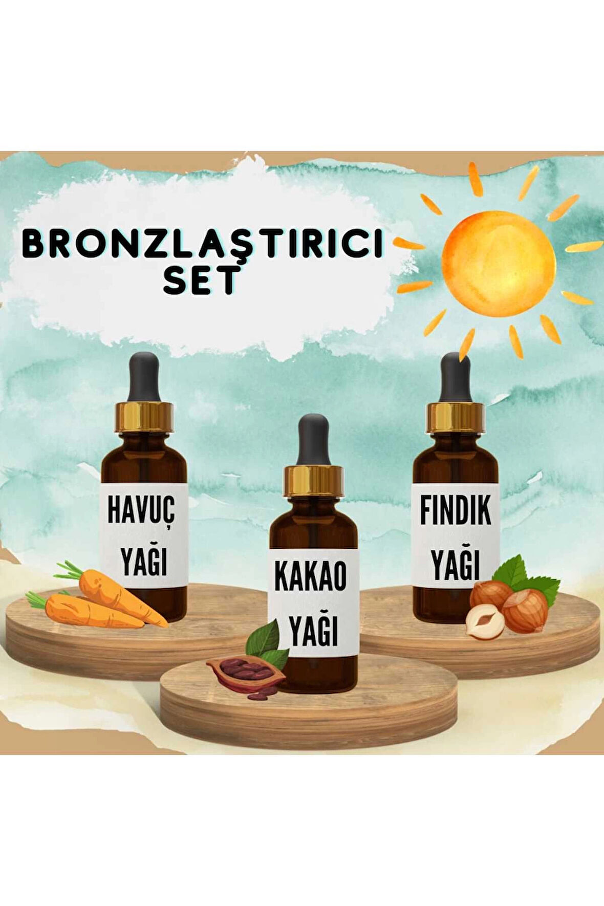 Bronzlaştırıcı Bitkisel Set Havuç Yağı 20 ml + Kakao Yağı 20 ml + Fındık Yağı 20 ml