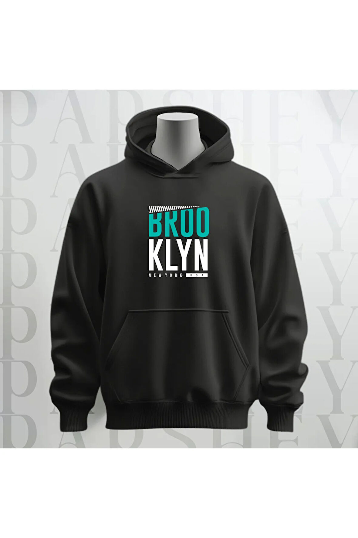 Brooklyn USA Baskılı Siyah Kapüşonlu Sweatshirt Hoodie Kalın Kumaş 3 İplik Şardonlu