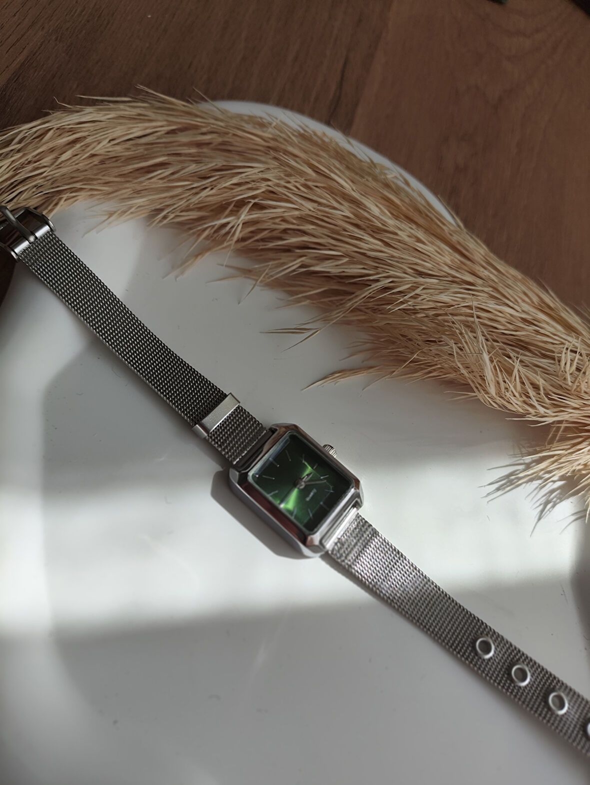 BS STILL hasır kordon minimal kadın kol saati modern vintage quartz Gümüş İçi Yeşil