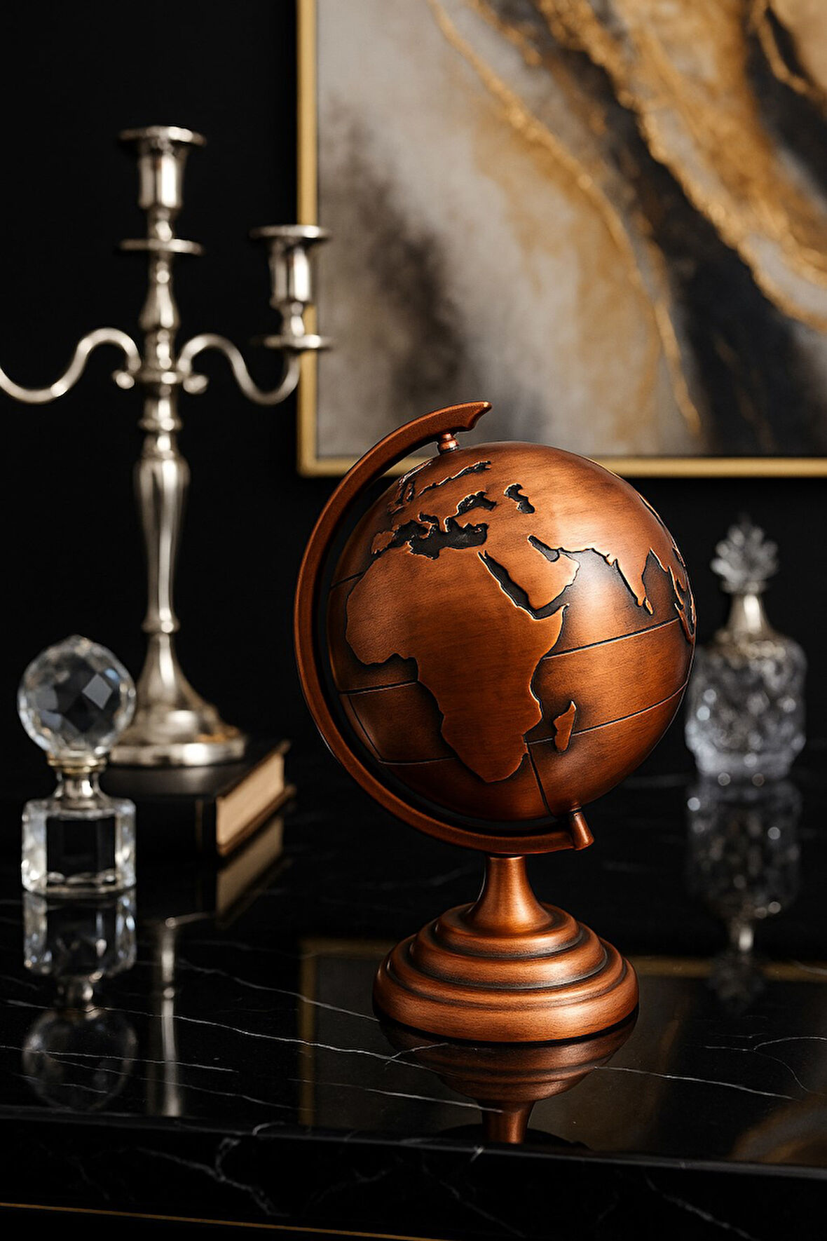 Ofis ve Ev Dekoru için Metal Dünya Küresi Bronz – Masaüstü Süs, 13x9 cm