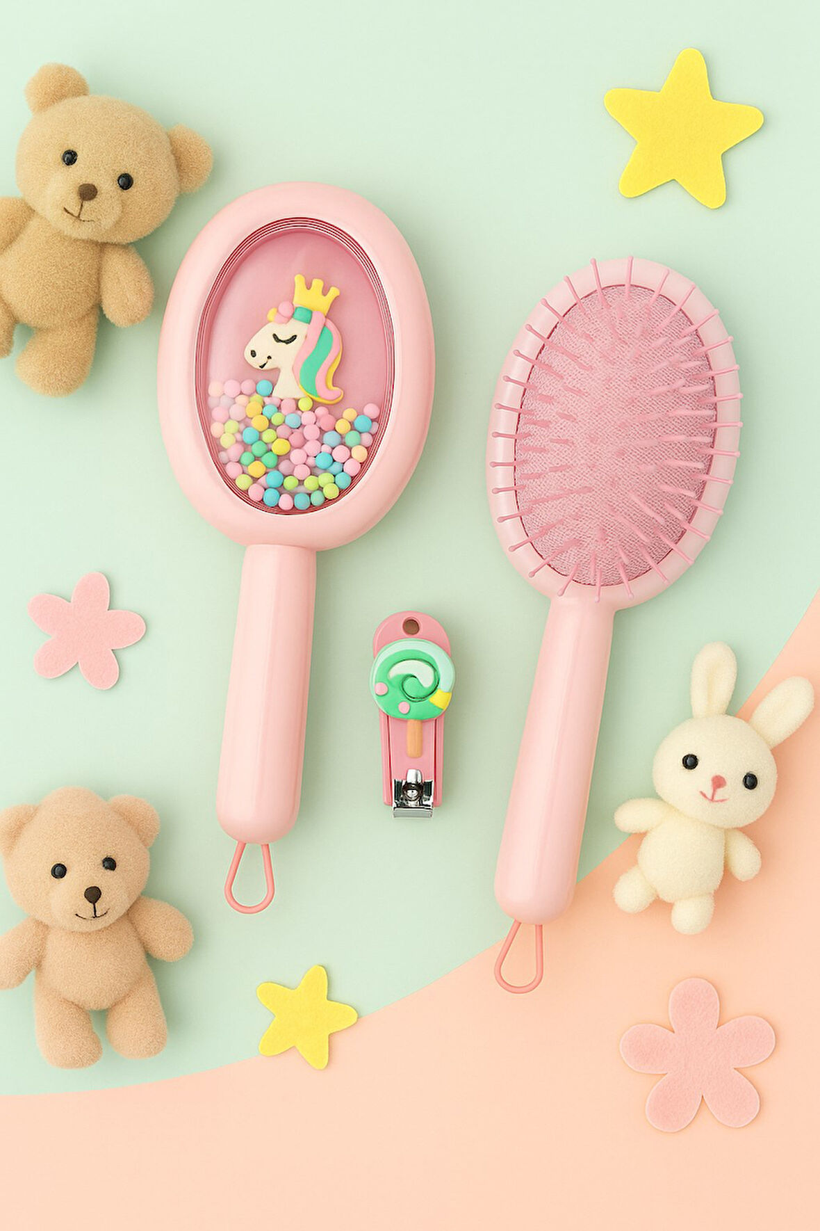 1 Adet Çocuk Saç Tarağı – 1 Adet Emojili Tırnak Çakısı Renkli-Masaj Etkili Pastel Tarak