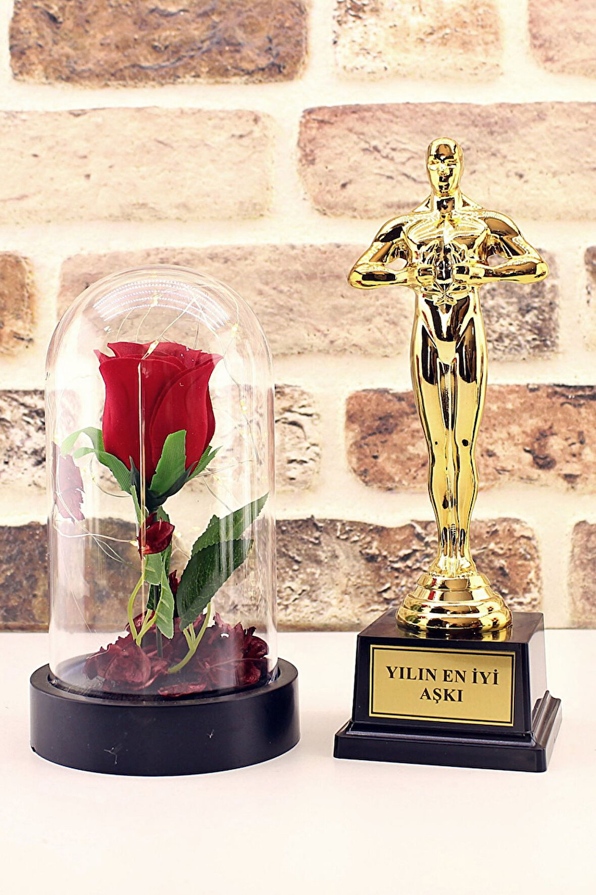 Yılın En İyi Aşkı Oscar Ödülü ve Led Işıklı Fanus Gül Seti