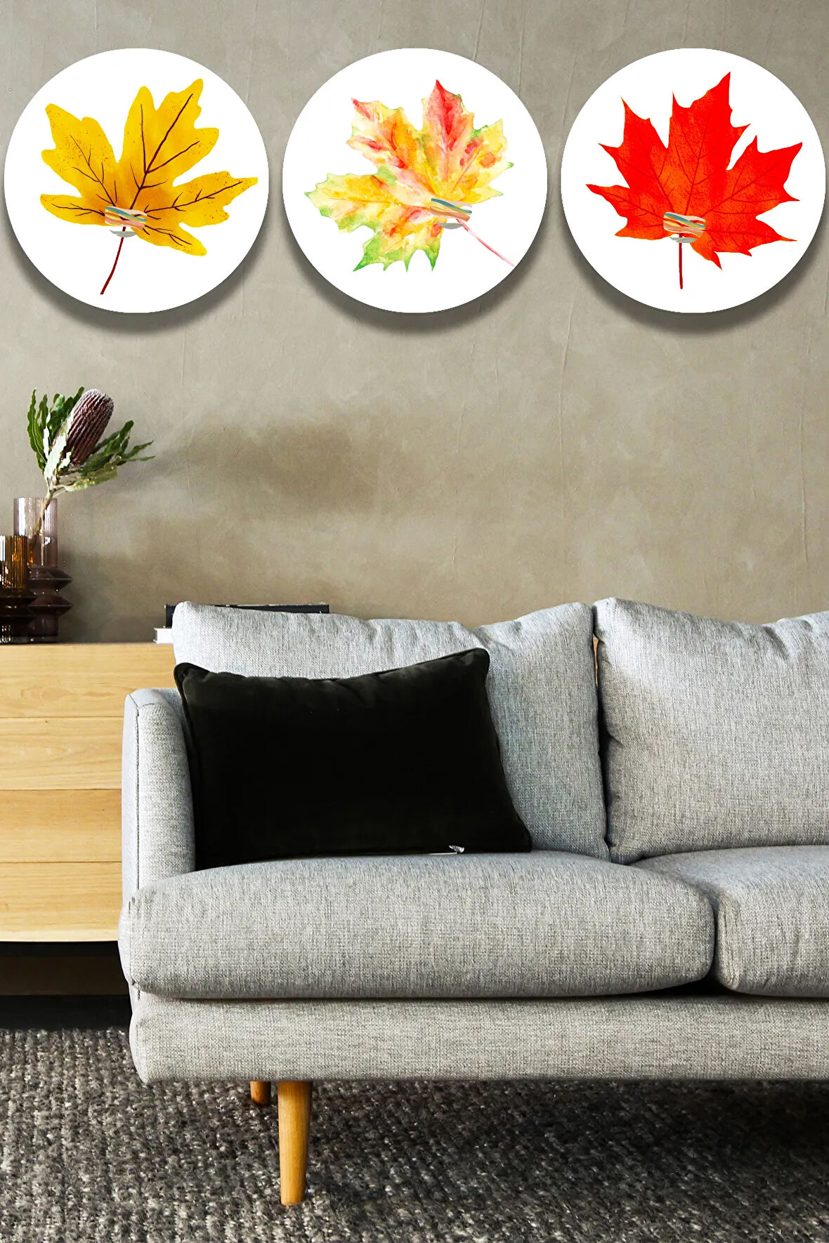 Kuru Yaprak Ahşap Tablo Modeli, 3'lü Şık Set, Oturma Odası Yatak Odası Salon Ofis Dekorasyonu