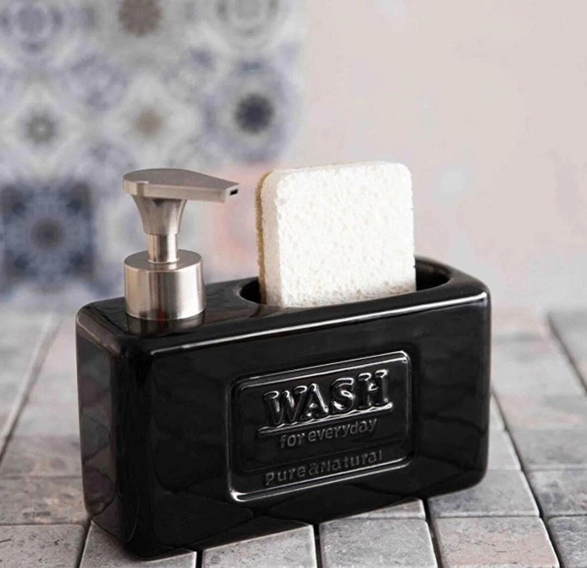 Şık ve Fonksiyonel Seramik Süngerlikli Sıvı Sabunluk/Deterjanlık, Siyah, 500 ml