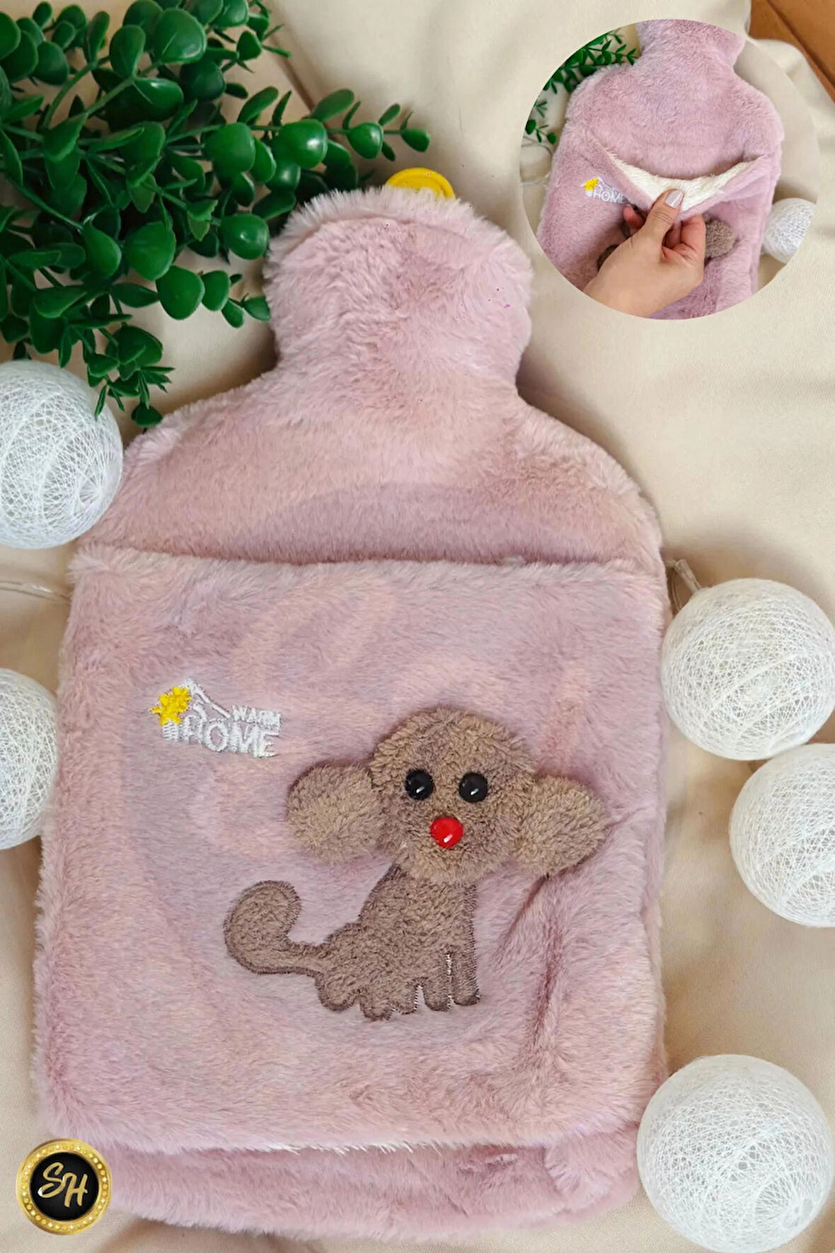 PEMBE - Peluş Kılıflı Köpek Emojili Sıcak Su Torbası 2 Litre