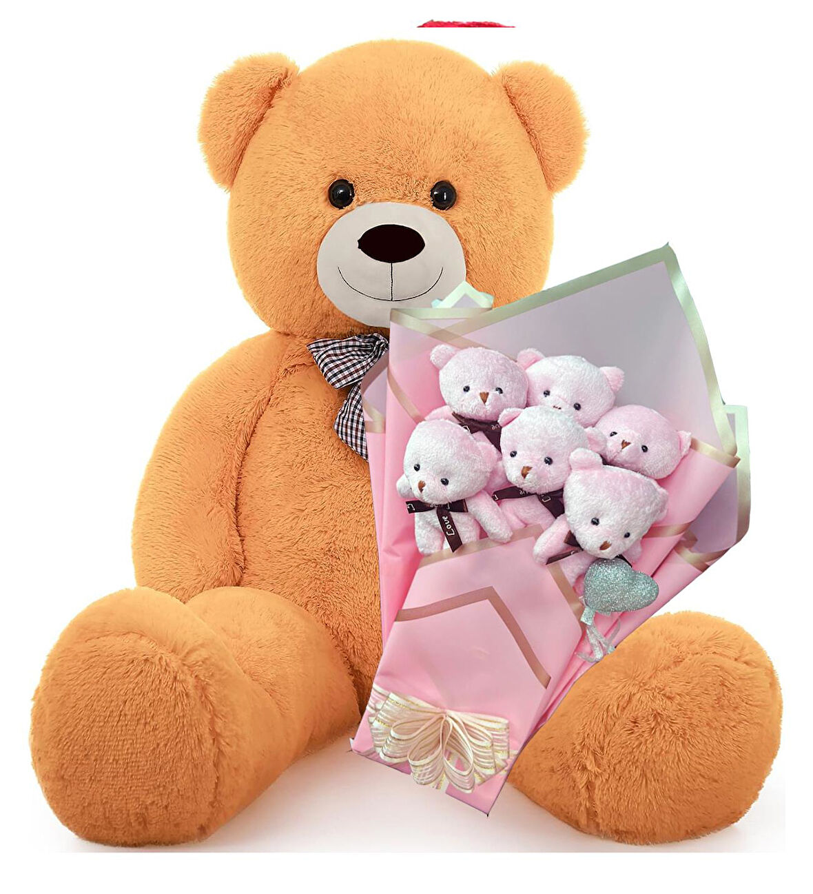 Sevimli 90 cm Peluş Ayı ile  Pembe Konsept Romantik Peluş Ayıcık Buketi