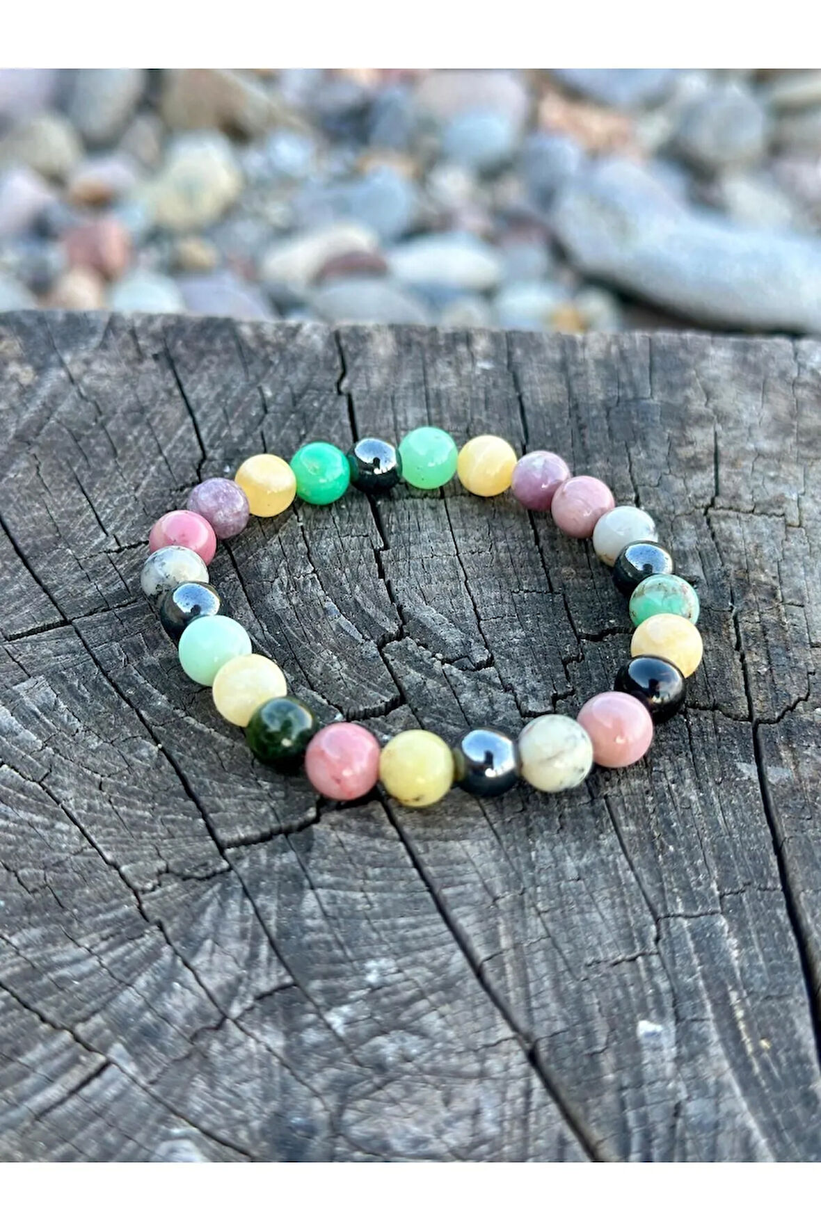 8mm Yengeç Burcu doğaltaş bileklik, Krizoprast-Aragonit-Turmalin-M.Opal-Rodonit-Hematit