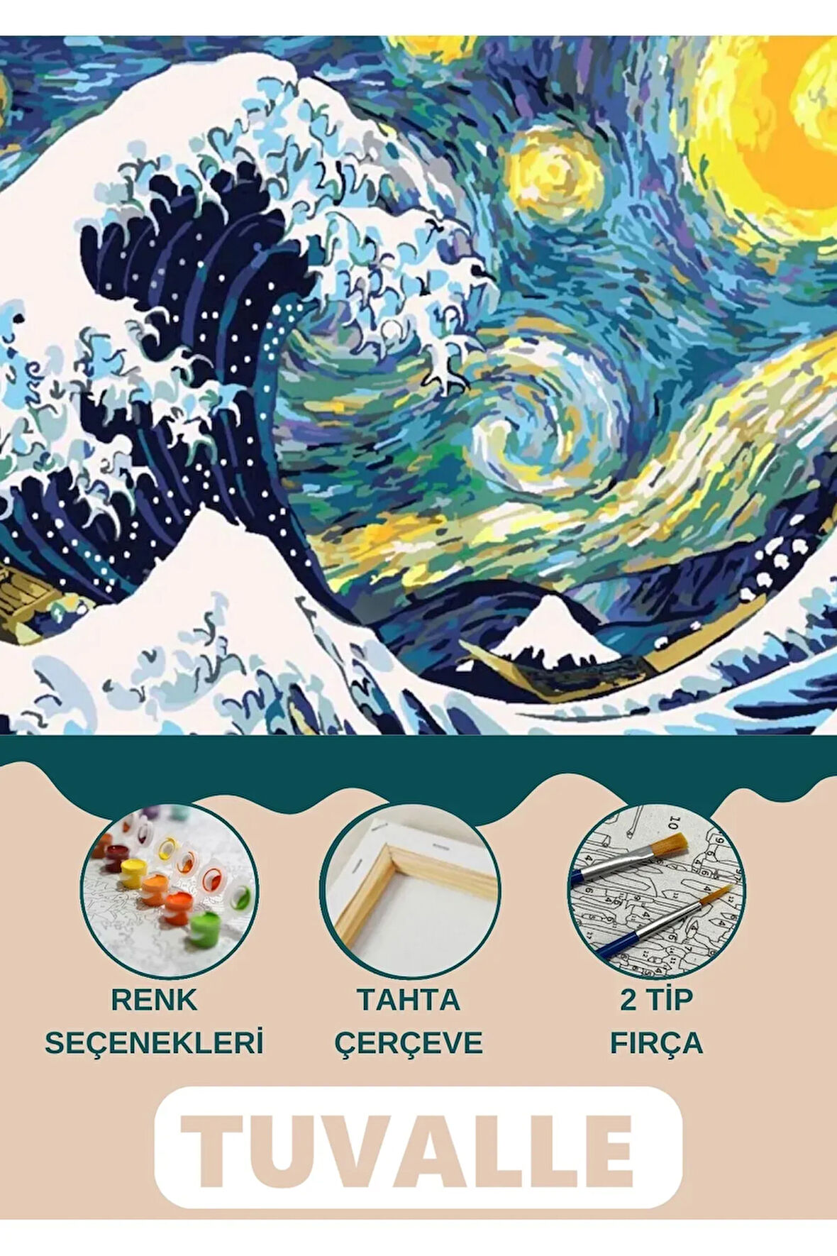 Büyük Dalga Sayılarla Boyama Seti, Hobi Seti, 40X50 Tablo, Fırça Boya Asma Aparatı Dahil, Doğa