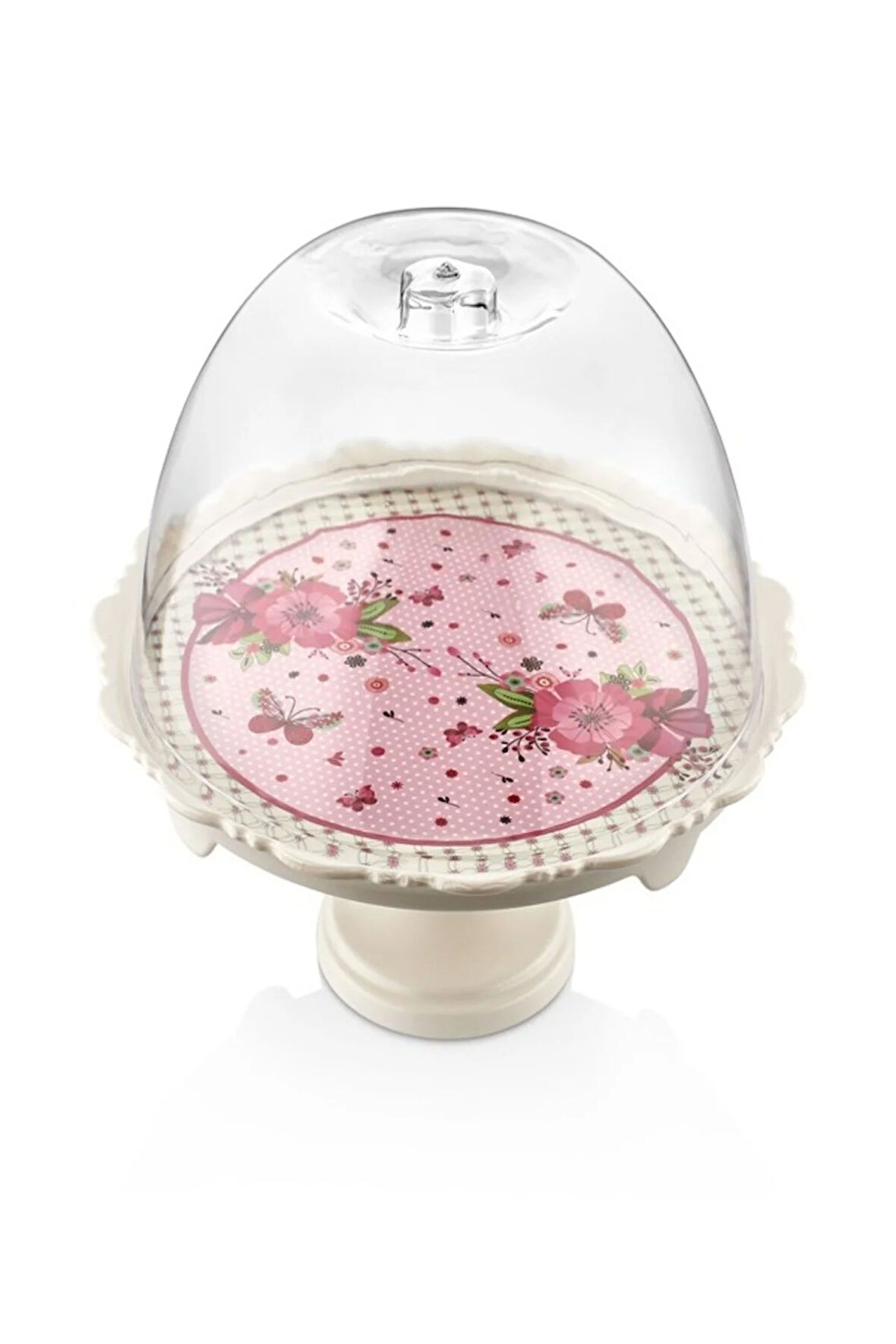 Desenli Ayaklı ve Kapaklı Kek Pasta Servis Tabağı Kek Fanus