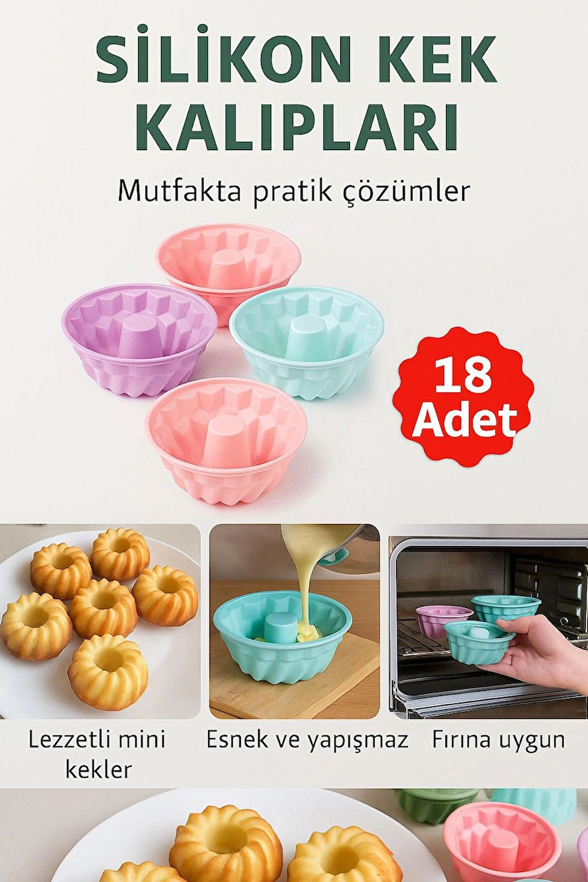 18’li Silikon Mini Kek Kalıbı – Renkli, Esnek, Yapışmaz