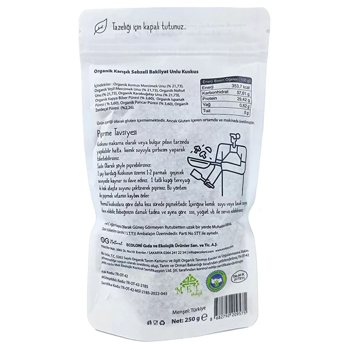 Og Natural Organik Karışık Sebzeli Bakliyat Unlu Bebek Kuskus 250 Gr