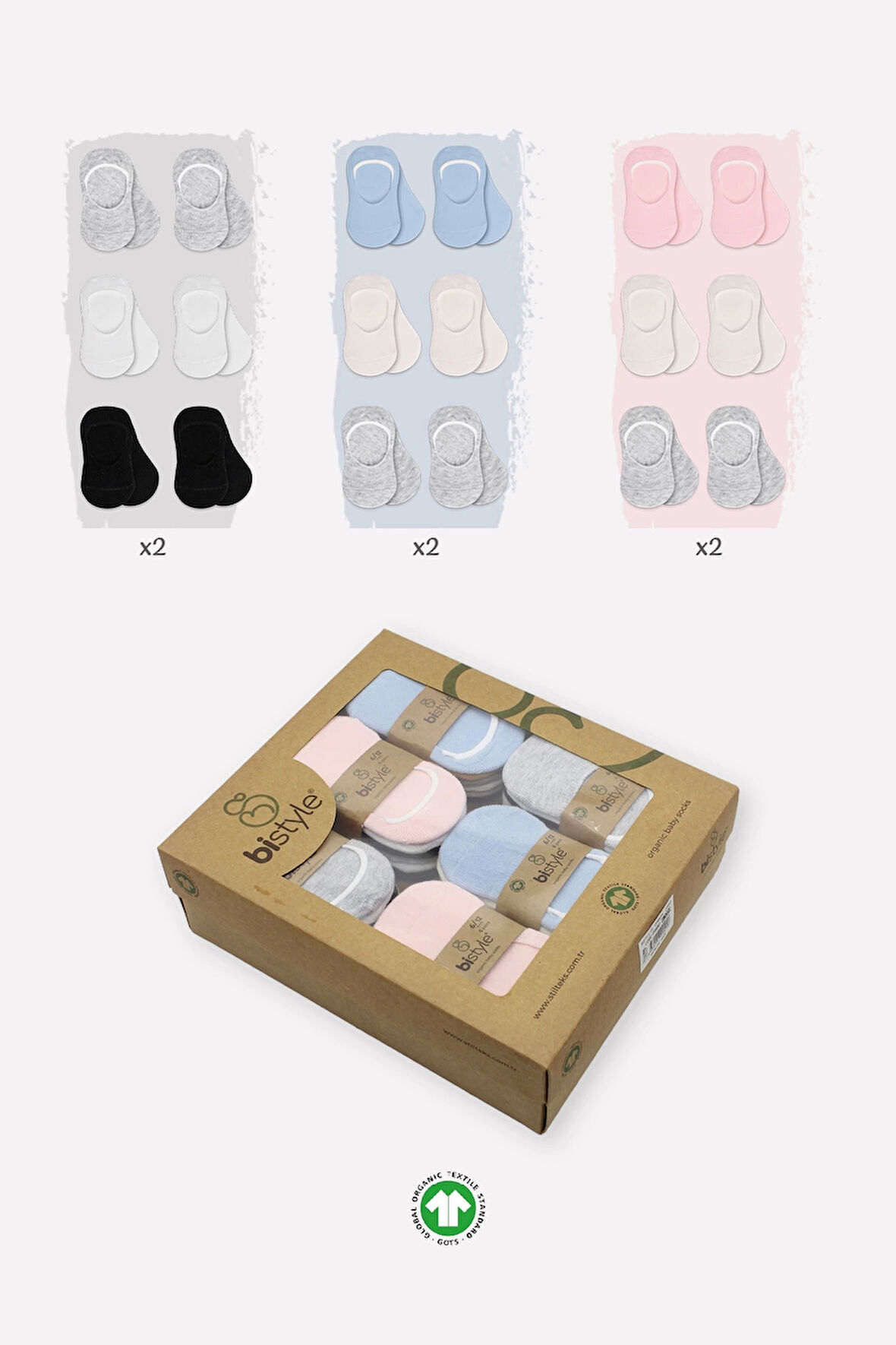 Bistyle 6'lı Silikonlu Babet Penye Çorap Bs30101b Pembe Ekru Gri