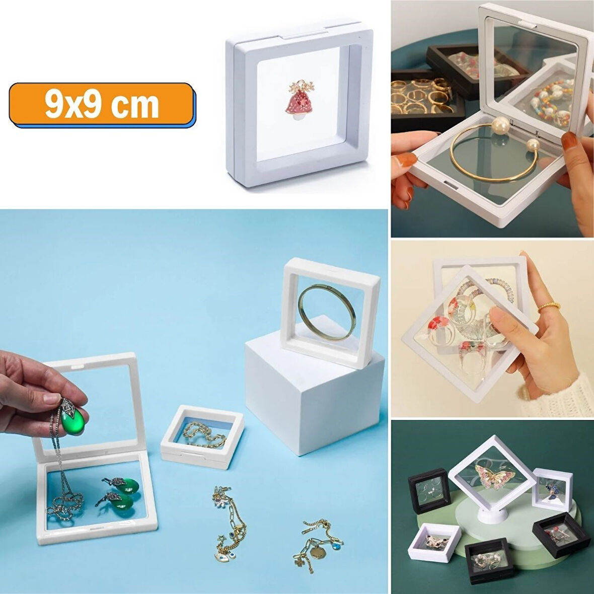 By Nevser® 9x9 cm Standlı 3D Takı Ziynet Hatıra Koleksiyon Saklama Kutusu Şeffaf Film Çerçevesi