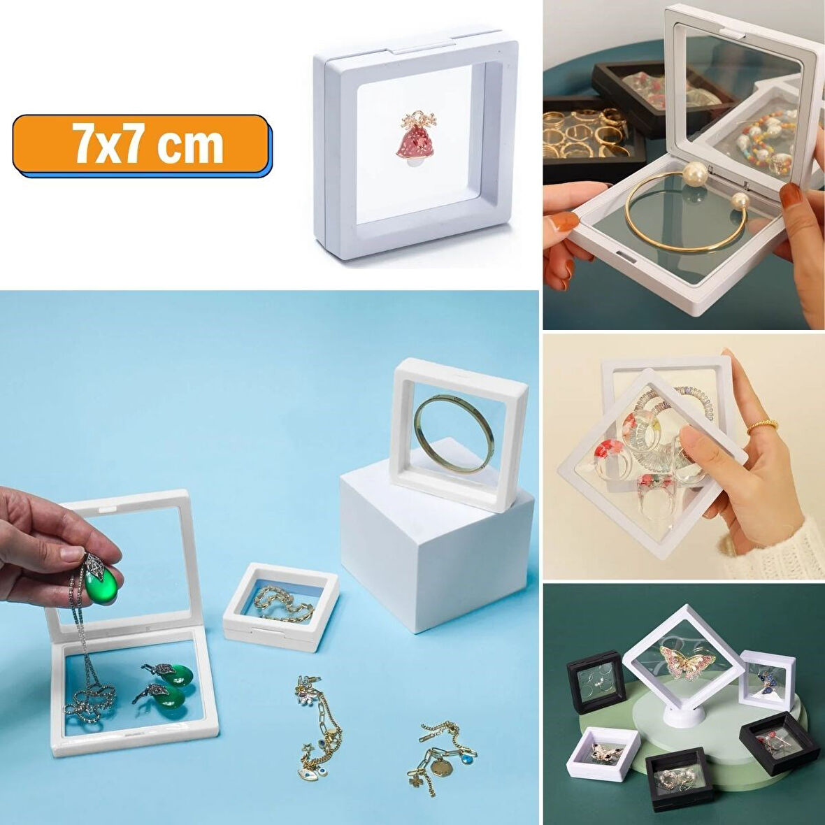By Nevser® 7x7 cm Standlı 3D Takı Ziynet Hatıra Koleksiyon Saklama Kutusu Şeffaf Film Çerçevesi