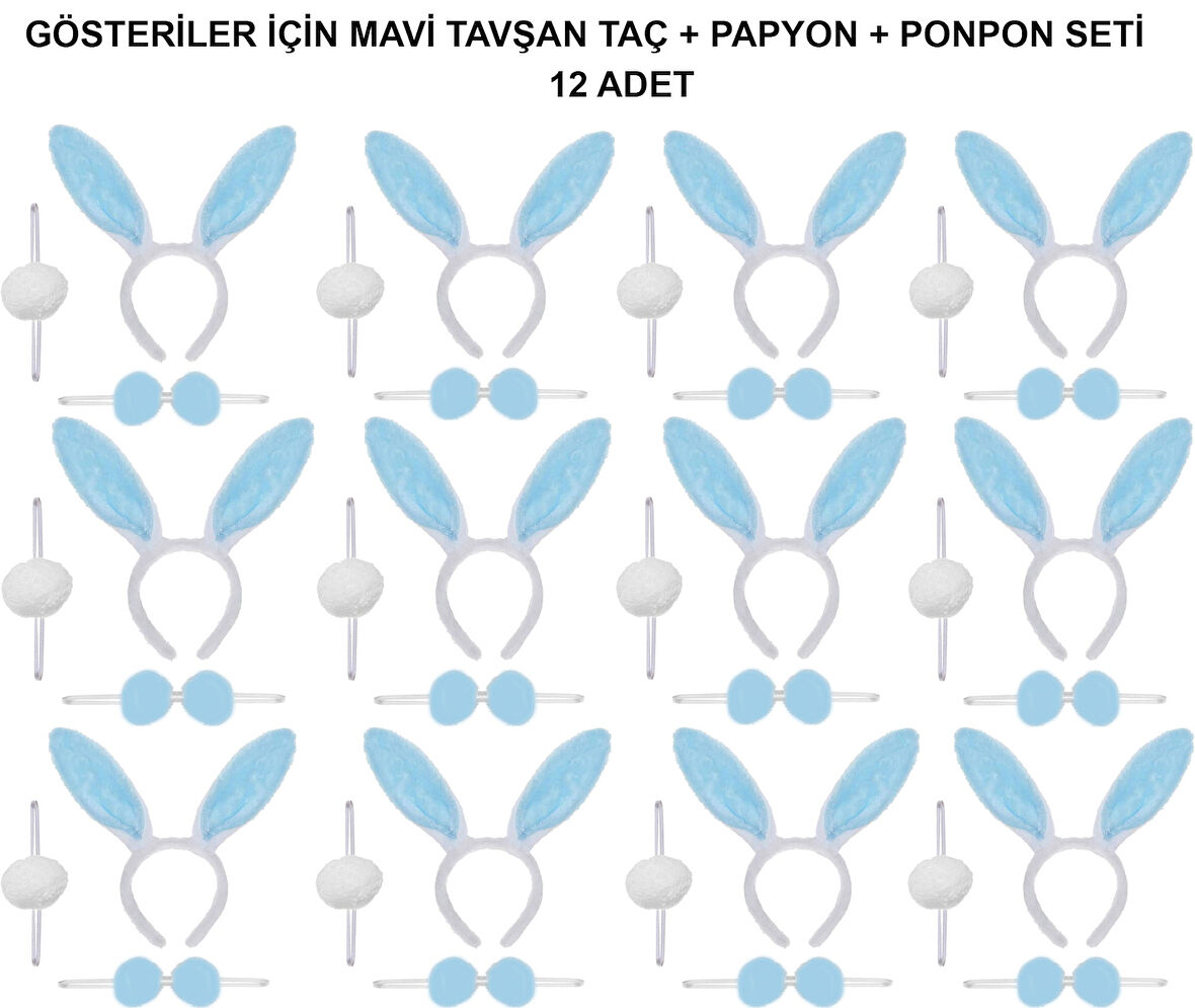 Mavi Tavşan Kostüm Seti – Taç, Papyon, Ponpon (12’li Paket)