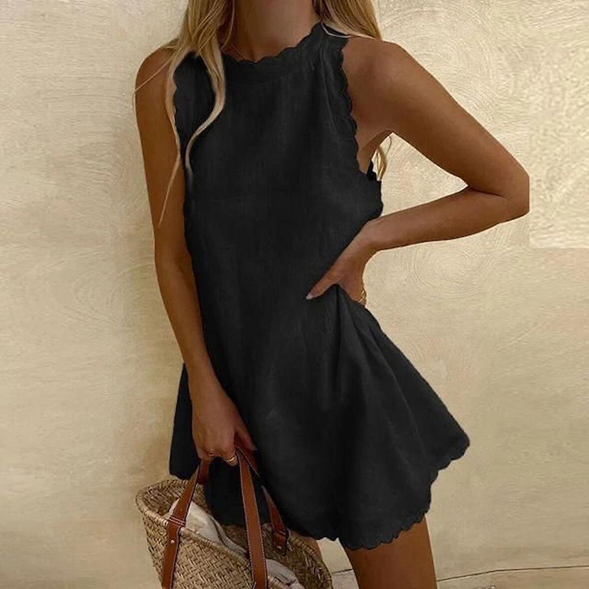 Buyers Butik Kadın Keten Kumaş Sıfır Kol Mini Boy Elbise