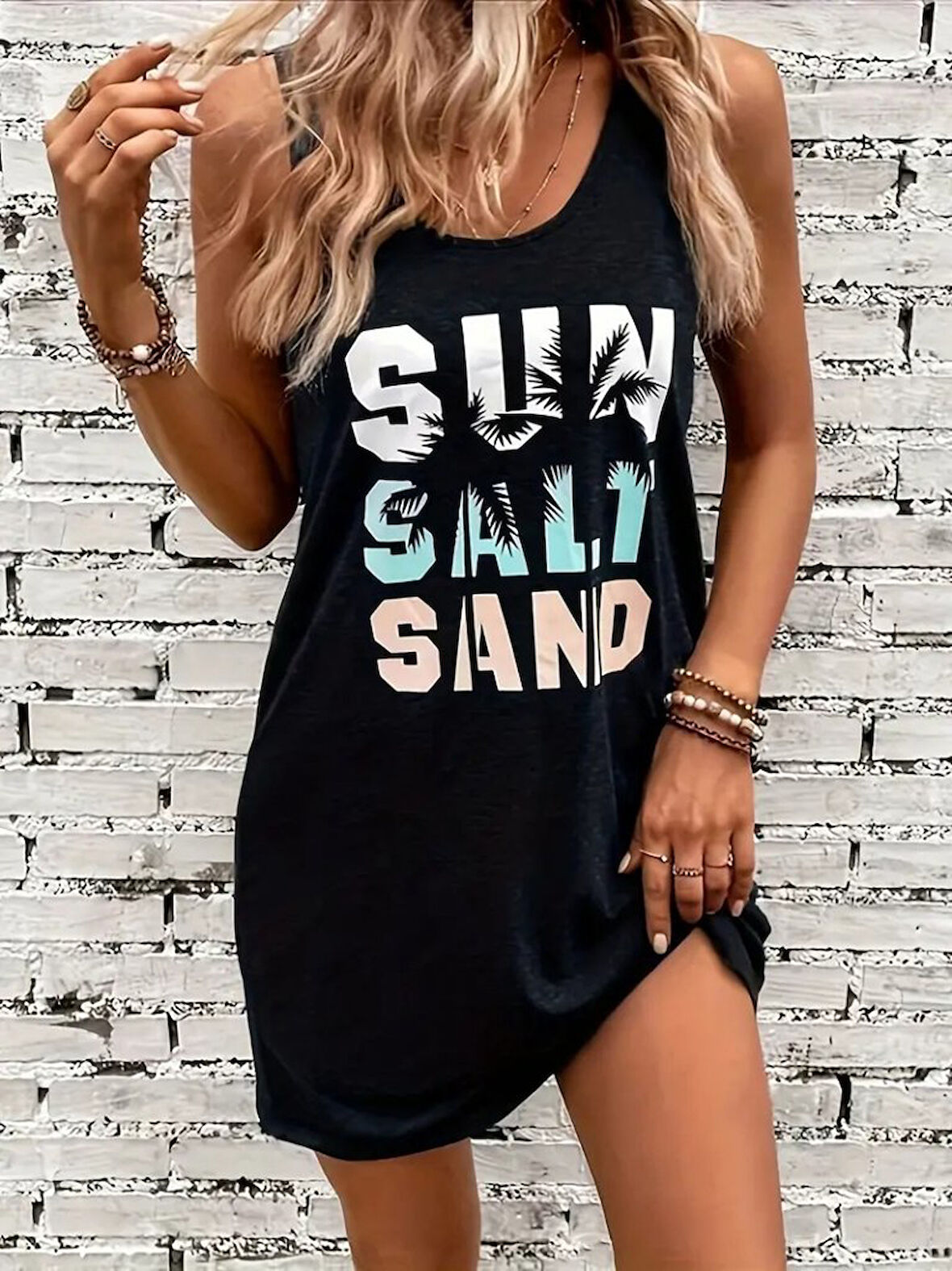 Buyers Butik Kadın Sıfır Kol Yuvarlak Baskılı Kısa Viskon Elbise