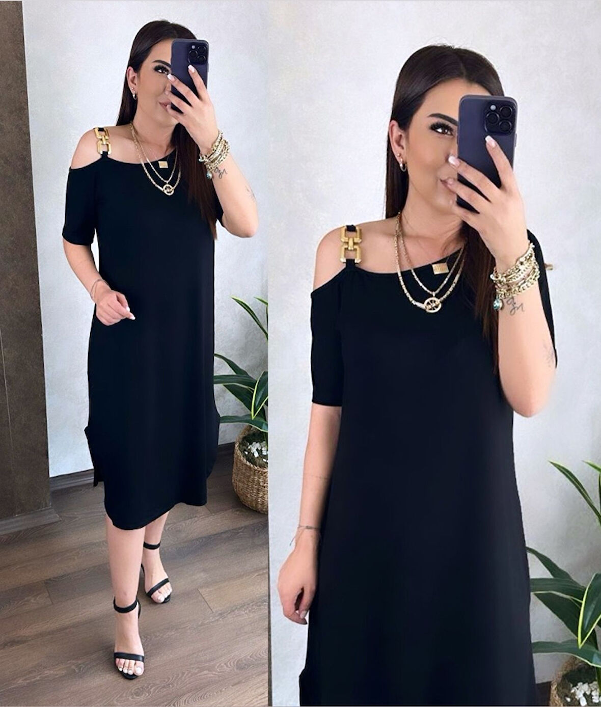 Buyers Butik Kadın Viskon Kumaş Omuzda Toka Detaylı Kısa Kollu Elbise