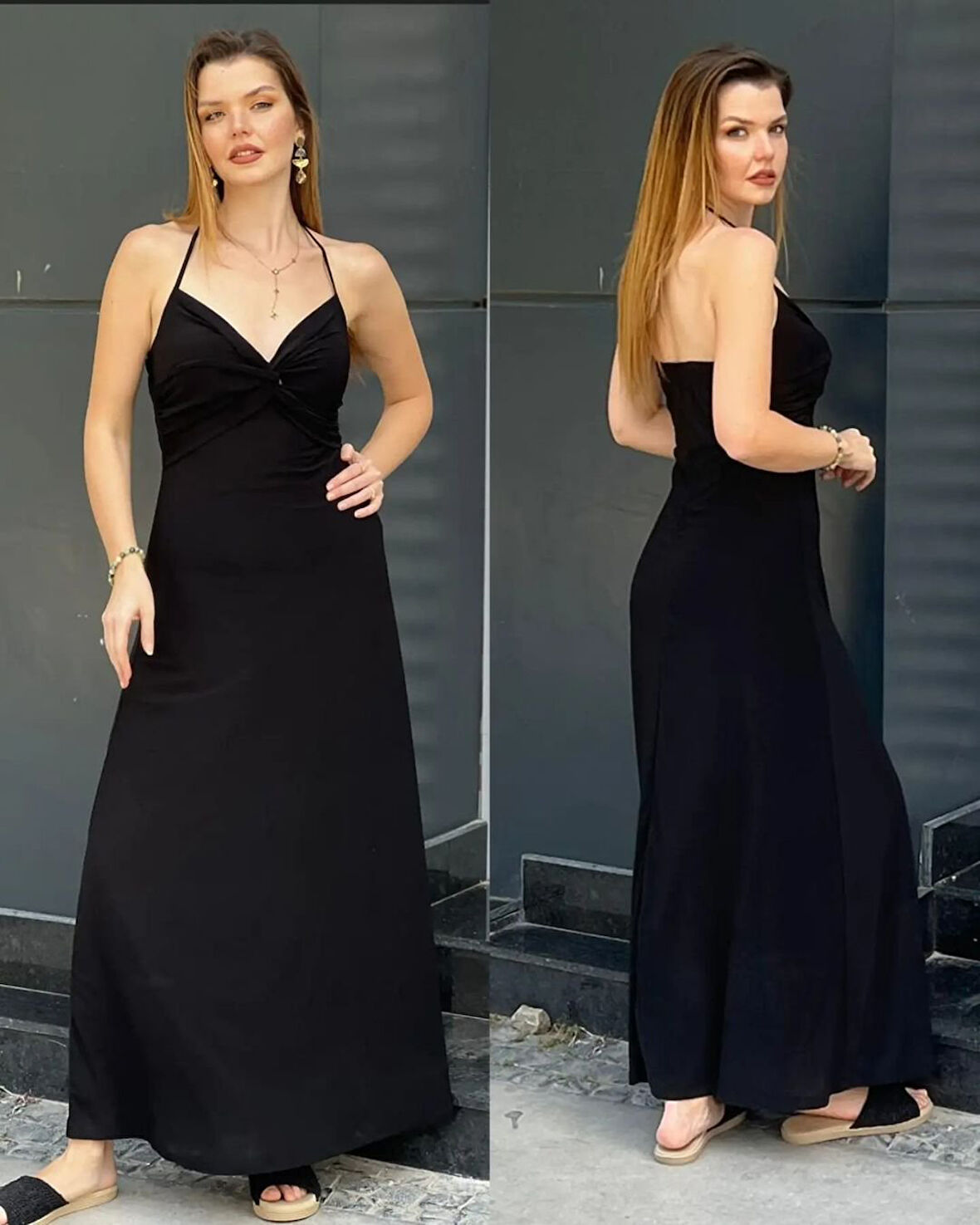 Buyers Butik Kadın Sandy Kumaş Askılı Sırt Dekolteli Maxi Boy Elbise