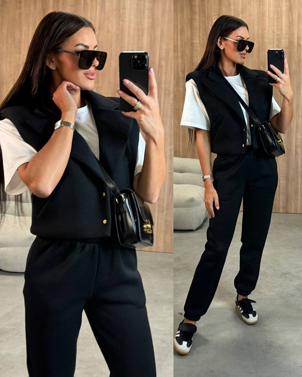 Buyers Butik Kadın Manşet Yaka çep Detay Yelek Ve Bileği Lastikli Pantolon 3 Iplik şardonlu Kumaş Ikili Takım