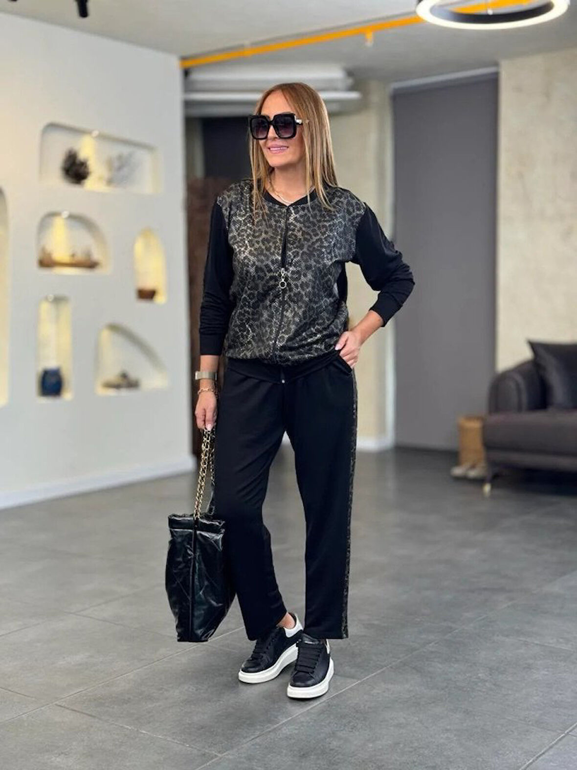Buyers Butik Kadın İki İplik Kumaş Yılan Desenli Fermuarlı İkili Takım